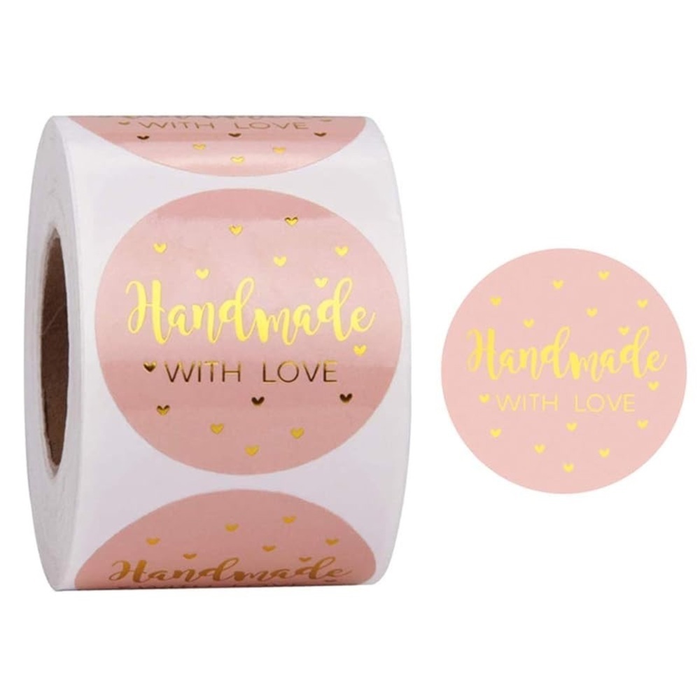 500pcs/1 Roll Handmade with Love Stickers, Round, Pink Gold Foil, Adhesive